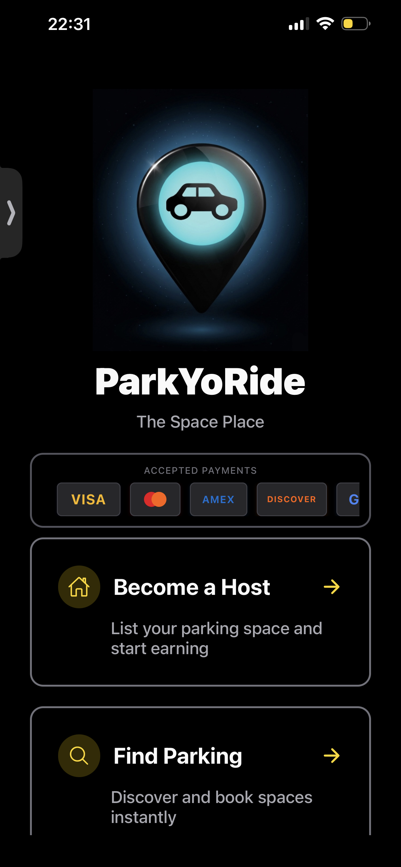 ParkYoRide app home screen with Become a Host option